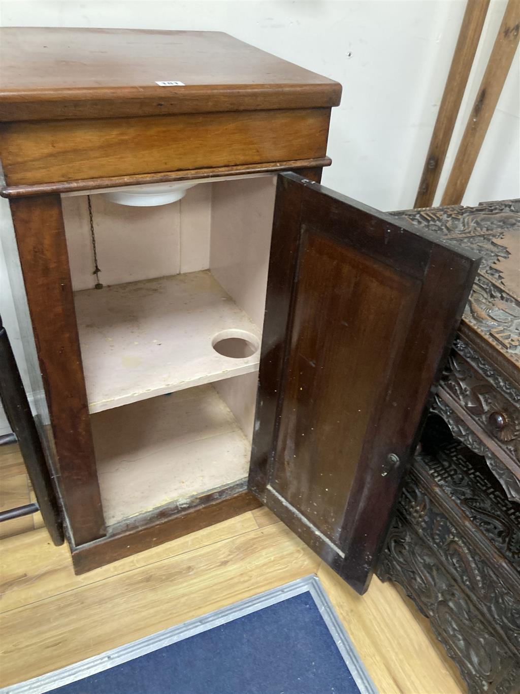 A Victorian mahogany pedestal cupboard, width 46cm depth 40cm height 87cm, together with a childs correction chair